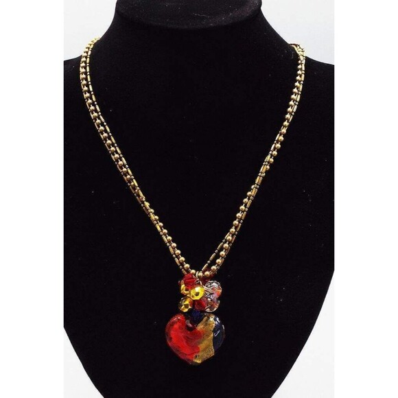 Chico's 1 Strand Red White Blue Dichroic Glass Heart Ball Chain 21" Necklace - Picture 3 of 4